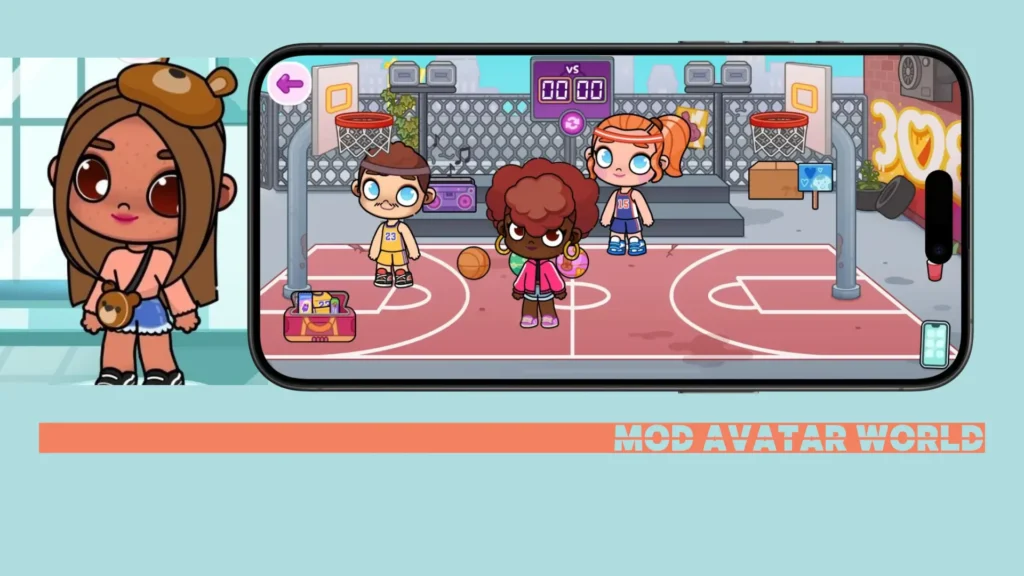 Multiple avatars playing basketball as a side mission in Avatar World game.