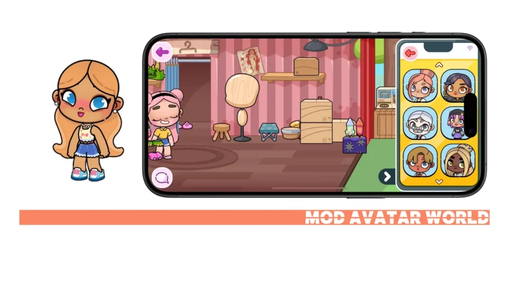 An Avatar World Mod APK gameplay picture showing unlocked accessories for customisation